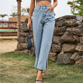 Pantalon en jean taille moyenne délavé et fendu, style influenceur en ligne, décontracté et raffiné